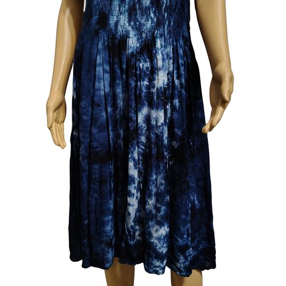 Summer Flowy Dress Blue Tye-Dye Elastic Shirred Top Uneven Hemline One Size - Picture 2 of 8